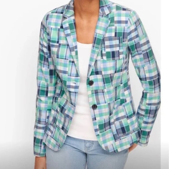 TALBOTS Summer Blazer Madras Plaid Cotton Patchwork Blazer Jacket Size 6 - Picture 2 of 7